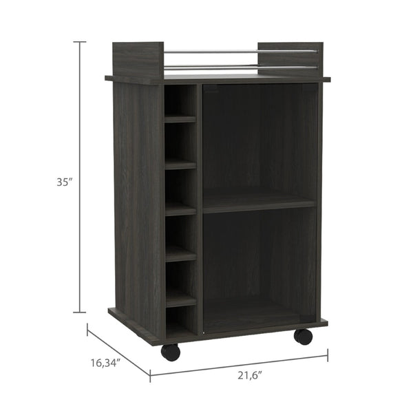 English Elm Dukat Rolling Bar Cart with Wine Storage Glass Cabinet and Espresso Wood Finish B20091847