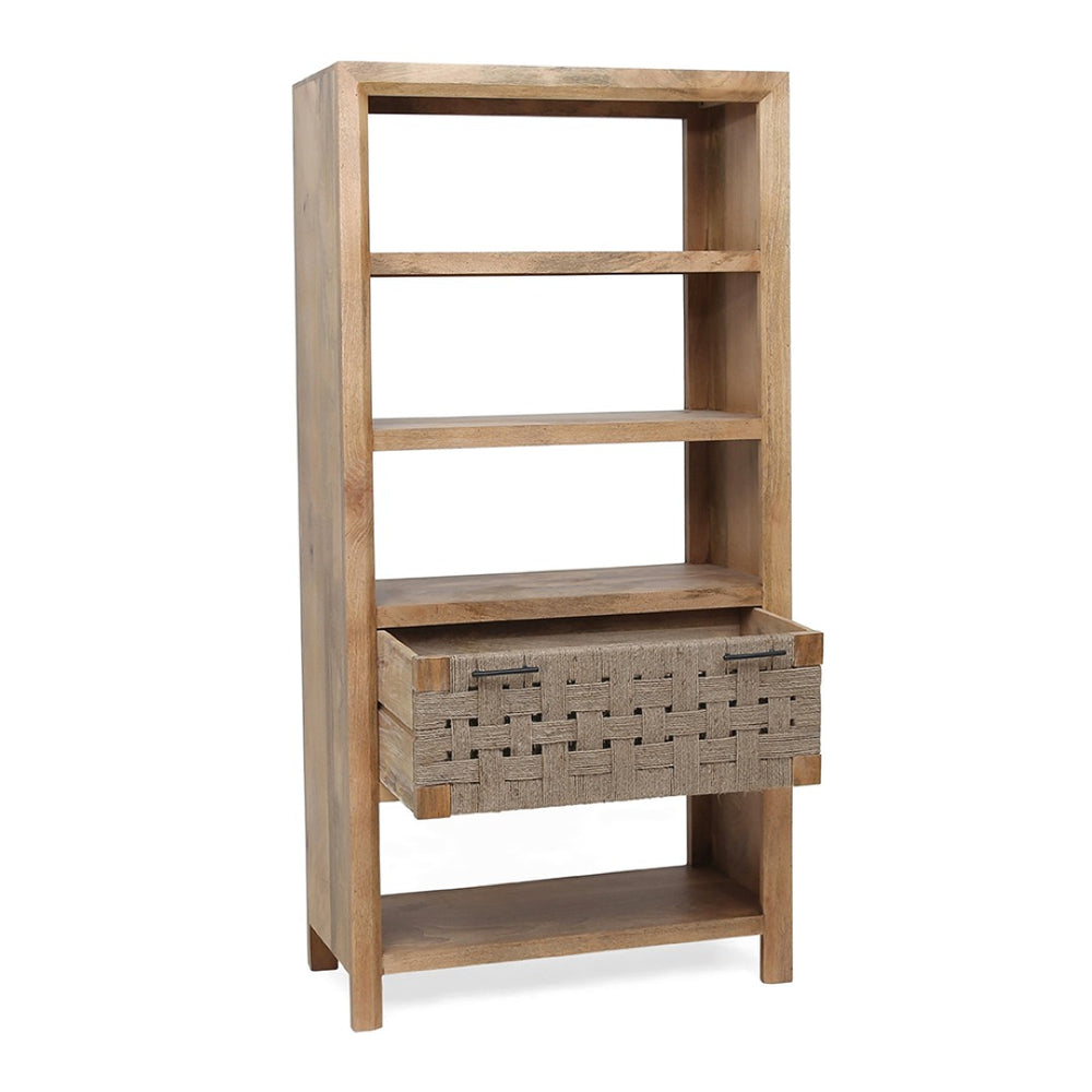 English Elm 36x15x72" Mango Wood Bookcase with Jute Drawer Four Open Shelves Bohemian Storage W2078P179283