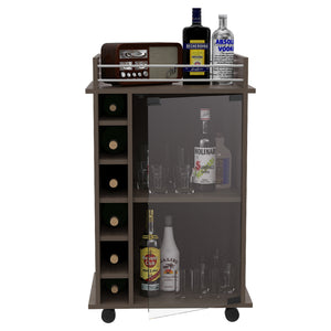 English Elm Vegas Two-Tier Bar Cart with Glass Door, Six Liquor Cubbies, Lockable Wheels, Light Gray Finish B128P176149