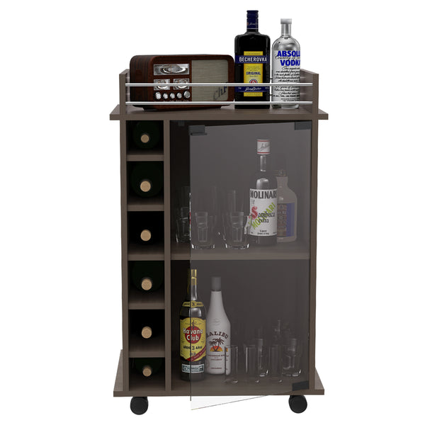 English Elm Vegas Two-Tier Bar Cart with Glass Door, Six Liquor Cubbies, Lockable Wheels, Light Gray Finish B128P176149