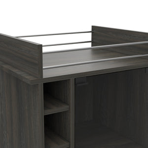 English Elm Vegas Two-Tier Bar Cart with Glass Door, Six Liquor Cubbies, Lockable Wheels & Metal Rails B128P176150