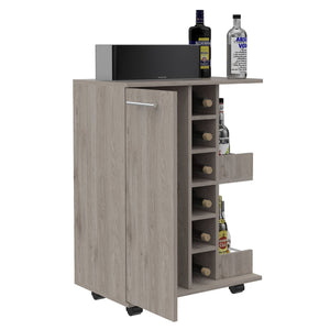 English Elm Bar Cart with Wine Rack Cabinet Open Shelves and Locking Casters for Home Entertaining B20091826