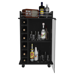 English Elm Vegas Black Bar Cart Cabinet with Glass Door, Six Bottle Cubbies, Locking Wheels & Rail Top B128P176148