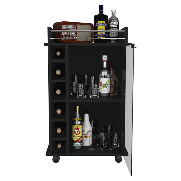 English Elm Vegas Black Bar Cart Cabinet with Glass Door, Six Bottle Cubbies, Locking Wheels & Rail Top B128P176148