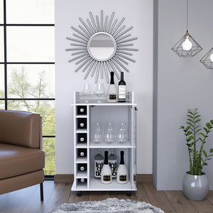 English Elm Vegas Rolling Bar Cart with Glass Door Cabinet and Six Bottle Storage Cubbies B128P176147