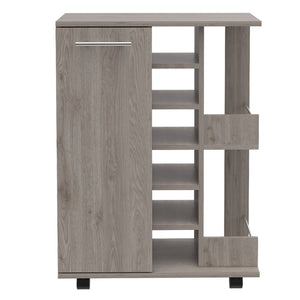 English Elm Bar Cart with Wine Rack Cabinet Open Shelves and Locking Casters for Home Entertaining B20091826