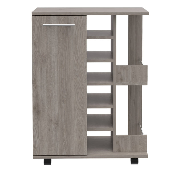 English Elm Bar Cart with Wine Rack Cabinet Open Shelves and Locking Casters for Home Entertaining B20091826