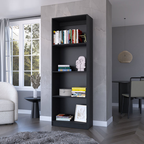 English Elm Sutton Black Bookcase with Tiered Shelves — Engineered Wood, Four Open Shelves, Compact Max Storage B128P176160