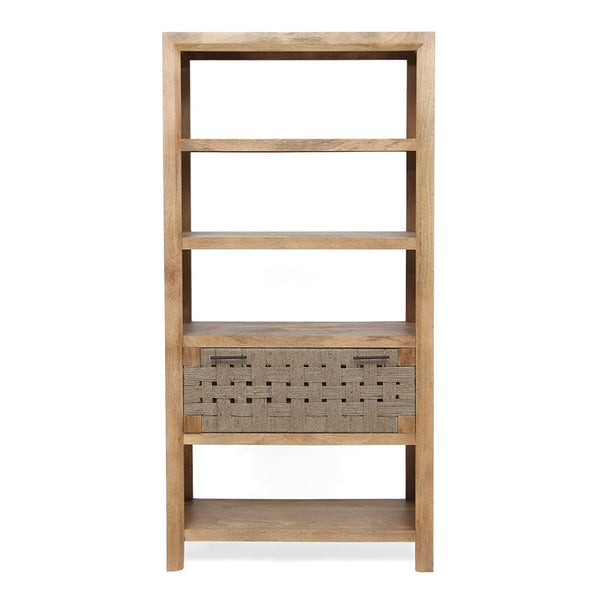 English Elm 36x15x72" Mango Wood Bookcase with Jute Drawer Four Open Shelves Bohemian Storage W2078P179283