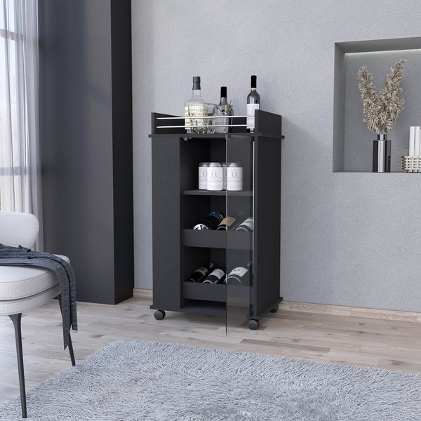English Elm Lusk Black Bar Cart with 2-Bottle Shelf, Glass Door, Smooth Casters & Extra Storage Shelves B128P176152