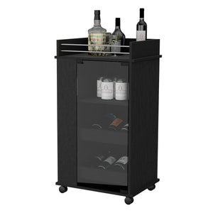 English Elm Lusk Black Bar Cart with 2-Bottle Shelf, Glass Door, Smooth Casters & Extra Storage Shelves B128P176152