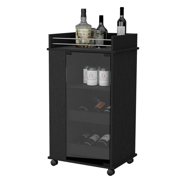 English Elm Lusk Black Bar Cart with 2-Bottle Shelf, Glass Door, Smooth Casters & Extra Storage Shelves B128P176152