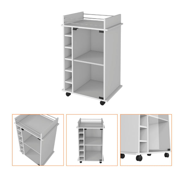 English Elm Vegas Rolling Bar Cart with Glass Door Cabinet and Six Bottle Storage Cubbies B128P176147