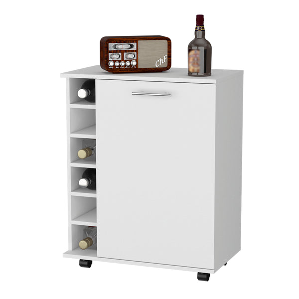 English Elm Rawlins White Bar Cart with 6-Bottle Rack, Hidden Storage Cabinet, Durable Casters for Ease B128P176159
