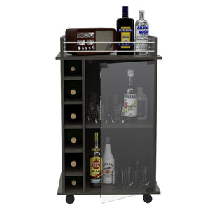 English Elm Dukat Rolling Bar Cart with Wine Storage Glass Cabinet and Espresso Wood Finish B20091847