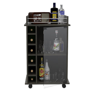 English Elm Vegas Two-Tier Bar Cart with Glass Door, Six Liquor Cubbies, Lockable Wheels & Metal Rails B128P176150