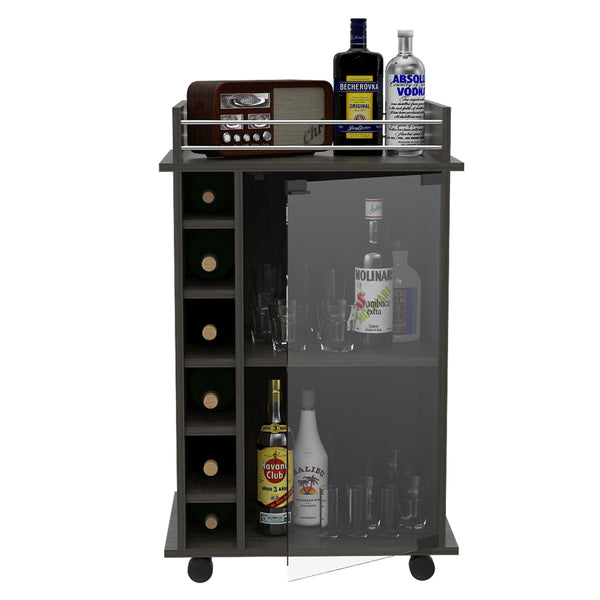 English Elm Vegas Two-Tier Bar Cart with Glass Door, Six Liquor Cubbies, Lockable Wheels & Metal Rails B128P176150