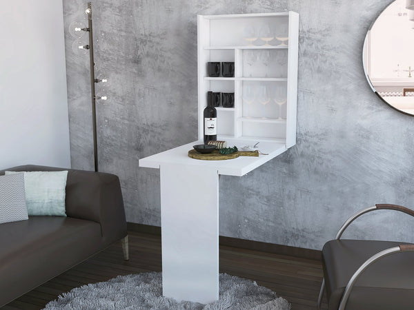 English Elm Dalton Wall-Mounted Foldable Table with Base & 7 Shelves in White – Space-Saving Engineered Wood Desk B128P148694