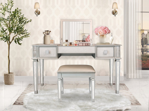 English Elm Mirrored Vanity Desk with Drawers, Silver Flip-Up Makeup Table Set with Stool, Crystal Knobs, Storage W2170140324