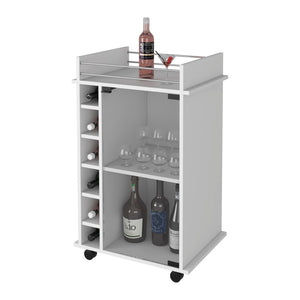 English Elm Vegas Rolling Bar Cart with Glass Door Cabinet and Six Bottle Storage Cubbies B128P176147