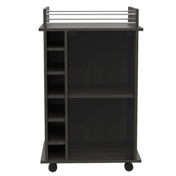 English Elm Dukat Rolling Bar Cart with Wine Storage Glass Cabinet and Espresso Wood Finish B20091847