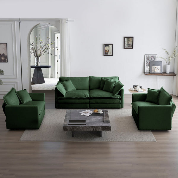English Elm 3 Piece Sofa Set In Lush Green Chenille With Arm Pillows - Stylish, Space-Saving & Versatile Comfort W714S00452