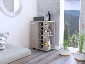 English Elm Bar Cart with Wine Rack Cabinet Open Shelves and Locking Casters for Home Entertaining B20091826