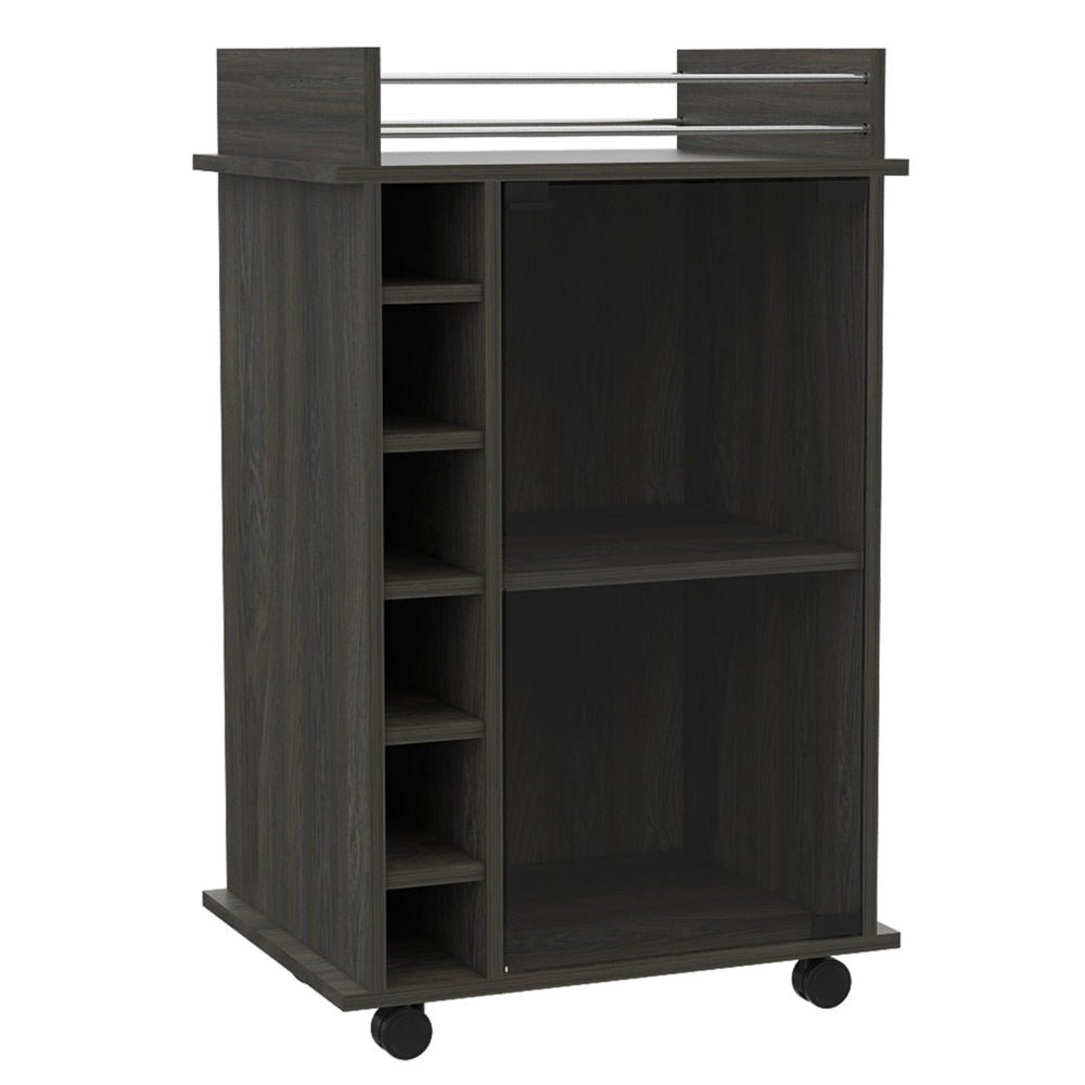 English Elm Dukat Rolling Bar Cart with Wine Storage Glass Cabinet and Espresso Wood Finish B20091847