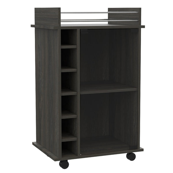 English Elm Dukat Rolling Bar Cart with Wine Storage Glass Cabinet and Espresso Wood Finish B20091847