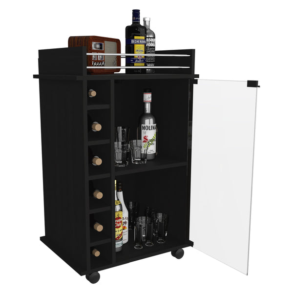 English Elm Vegas Black Bar Cart Cabinet with Glass Door, Six Bottle Cubbies, Locking Wheels & Rail Top B128P176148