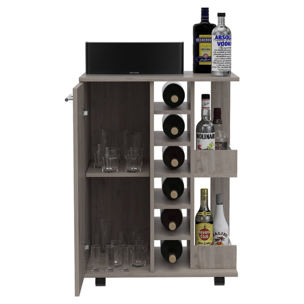 English Elm Bar Cart with Wine Rack Cabinet Open Shelves and Locking Casters for Home Entertaining B20091826