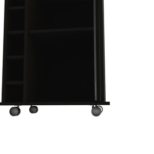 English Elm Vegas Black Bar Cart Cabinet with Glass Door, Six Bottle Cubbies, Locking Wheels & Rail Top B128P176148
