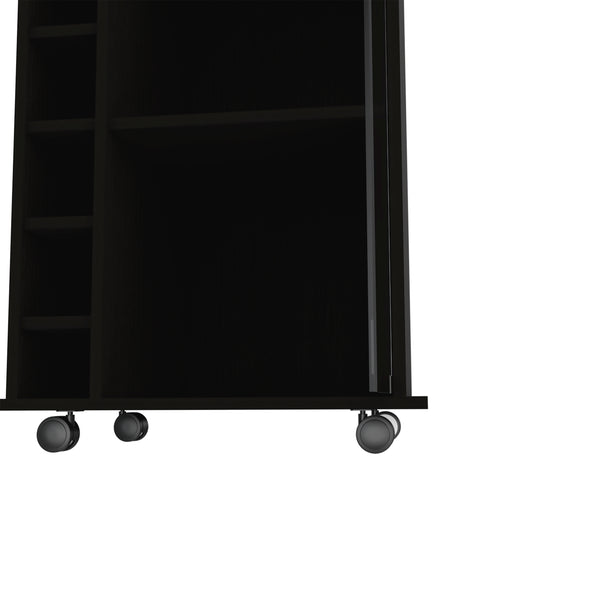 English Elm Vegas Black Bar Cart Cabinet with Glass Door, Six Bottle Cubbies, Locking Wheels & Rail Top B128P176148