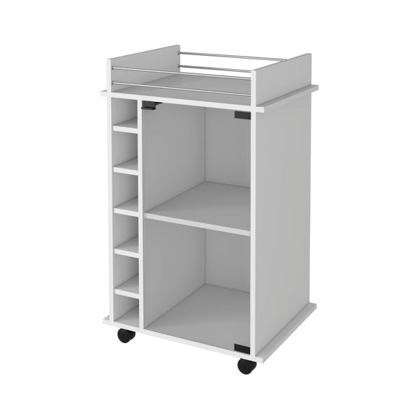 English Elm Vegas Rolling Bar Cart with Glass Door Cabinet and Six Bottle Storage Cubbies B128P176147