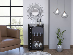 English Elm Vegas Black Bar Cart Cabinet with Glass Door, Six Bottle Cubbies, Locking Wheels & Rail Top B128P176148