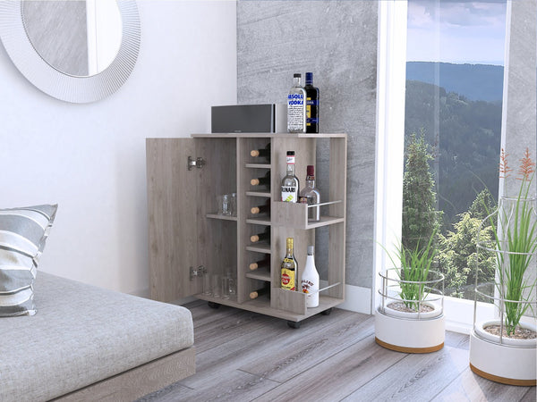 English Elm Bar Cart with Wine Rack Cabinet Open Shelves and Locking Casters for Home Entertaining B20091826