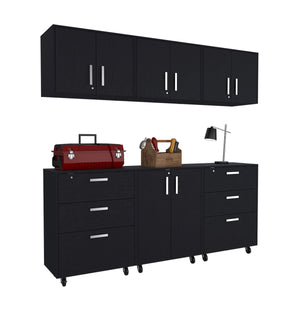 English Elm Wenge 6 Piece Garage Storage Set with 3 Large Drawers, Wall Cabinets, Casters, Padlock & Keys B062S00401