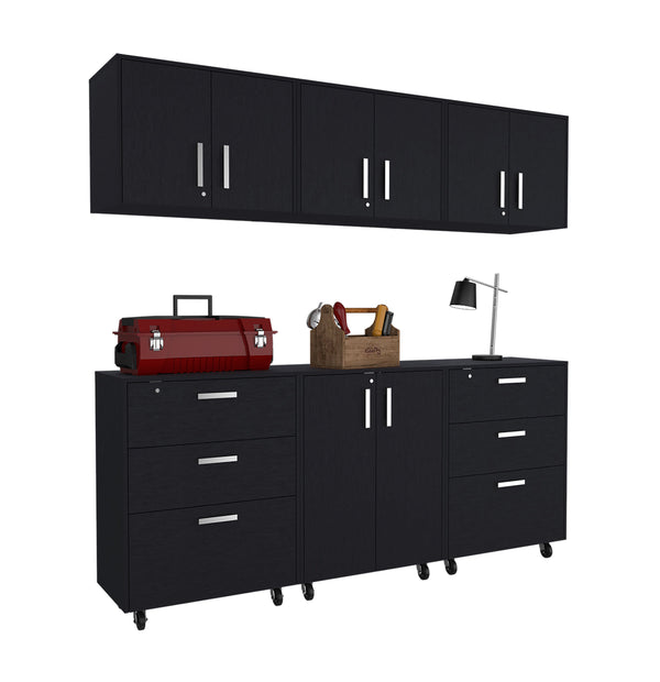 English Elm Wenge 6 Piece Garage Storage Set with 3 Large Drawers, Wall Cabinets, Casters, Padlock & Keys B062S00401