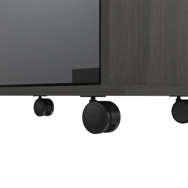 English Elm Vegas Two-Tier Bar Cart with Glass Door, Six Liquor Cubbies, Lockable Wheels & Metal Rails B128P176150