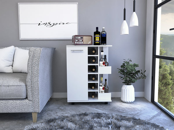 English Elm Tennessee White Bar Cart with Cabinet, Six-Bottle Cubbies, Rail Top, Side Shelves & Locking Wheels B128P176143