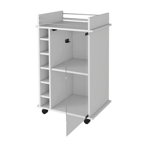 English Elm Vegas Rolling Bar Cart with Glass Door Cabinet and Six Bottle Storage Cubbies B128P176147