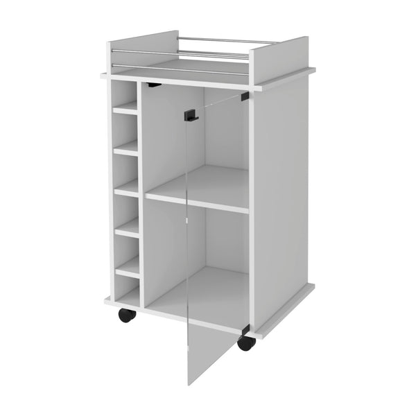 English Elm Vegas Rolling Bar Cart with Glass Door Cabinet and Six Bottle Storage Cubbies B128P176147