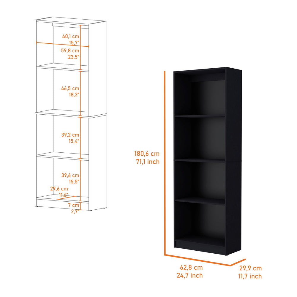 English Elm Sutton Black Bookcase with Tiered Shelves — Engineered Wood, Four Open Shelves, Compact Max Storage B128P176160