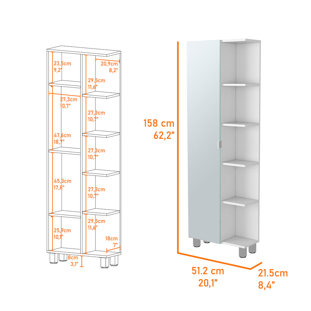 English Elm Los Angeles Linen tall white bathroom cabinet with mirrored door, 5 shelves, adjustable interior storage B128P148739