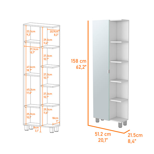 English Elm Los Angeles Linen tall white bathroom cabinet with mirrored door, 5 shelves, adjustable interior storage B128P148739