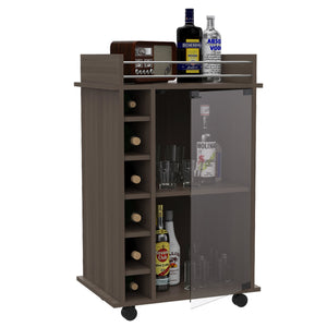 English Elm Vegas Two-Tier Bar Cart with Glass Door, Six Liquor Cubbies, Lockable Wheels, Light Gray Finish B128P176149