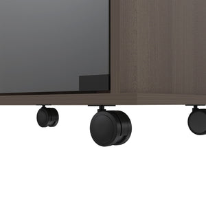 English Elm Vegas Two-Tier Bar Cart with Glass Door, Six Liquor Cubbies, Lockable Wheels, Light Gray Finish B128P176149