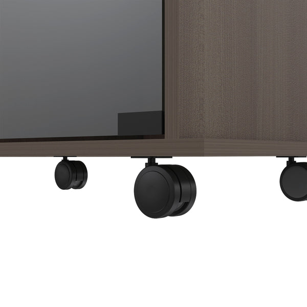 English Elm Vegas Two-Tier Bar Cart with Glass Door, Six Liquor Cubbies, Lockable Wheels, Light Gray Finish B128P176149