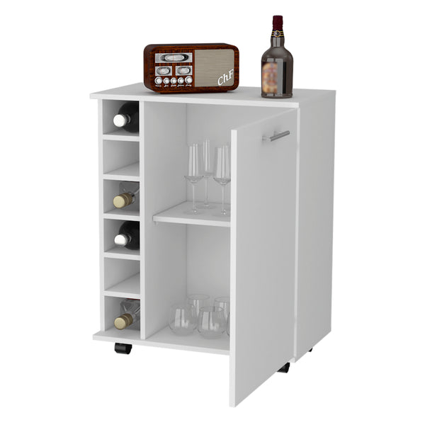 English Elm Rawlins White Bar Cart with 6-Bottle Rack, Hidden Storage Cabinet, Durable Casters for Ease B128P176159
