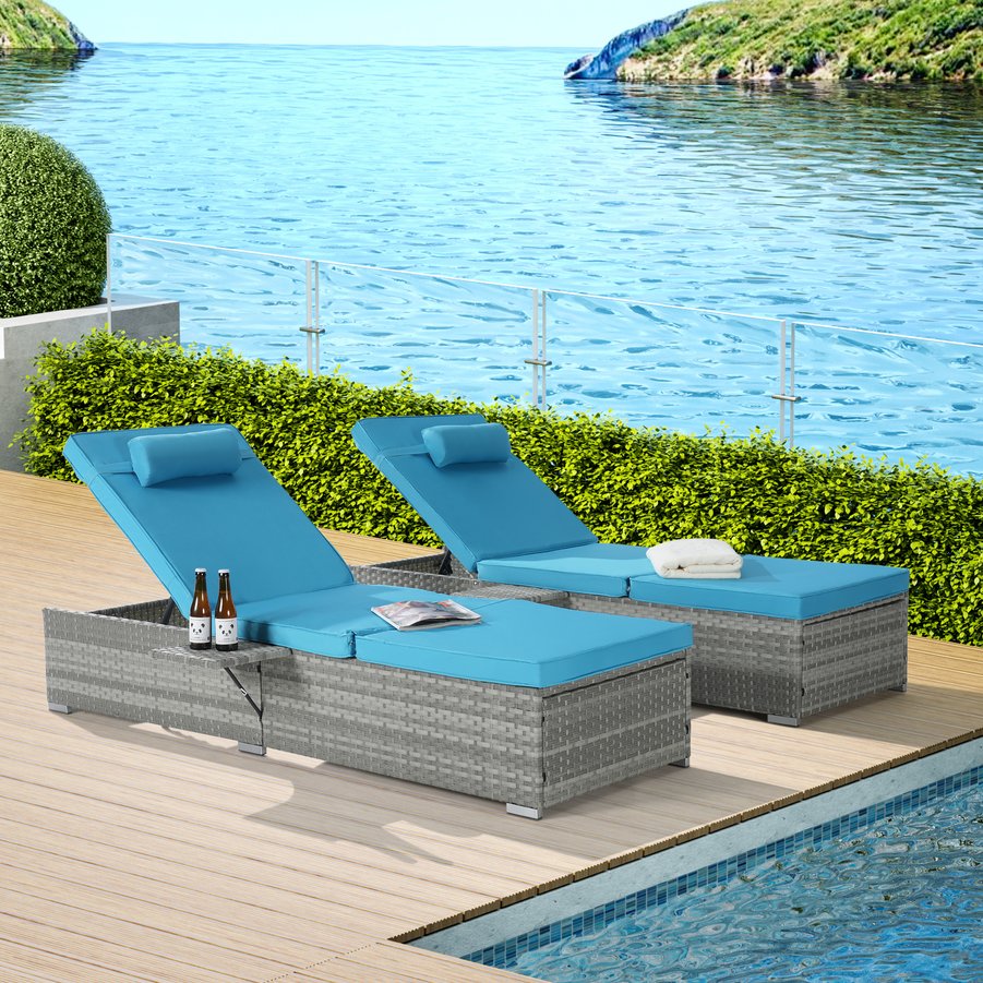 English Elm Outdoor Rattan Chaise Lounge With Lake Blue Cushion - Adjustable, Durable, Stylish For All Spaces W874P146994